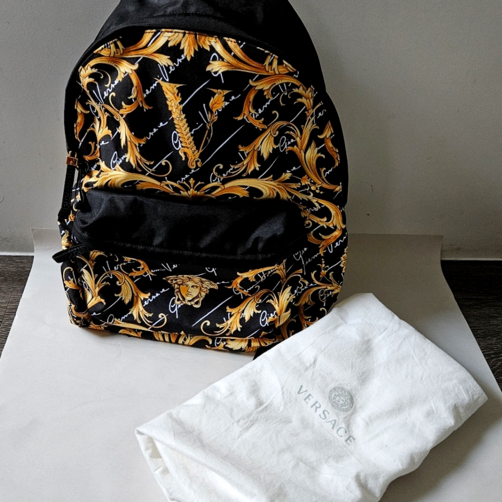 Versace Black Nylon Barocco Signature Print Zip Backpack